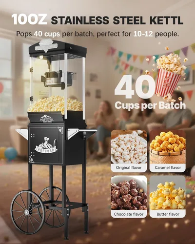 Miniatura 4 de Carro de máquina de palomitas de maíz de 10 onzas, máquina para hacer palomitas con rueda y hervidor de acero inoxidable que hace hasta 40 tazas