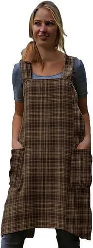 Miniatura 7 de Larmliss Delantal tipo pinafore cuadrado para mujer, para hornear, cocinar, jardinería, con espalda cruzada, mezcla de algodón/lino, con 2 bolsillos
