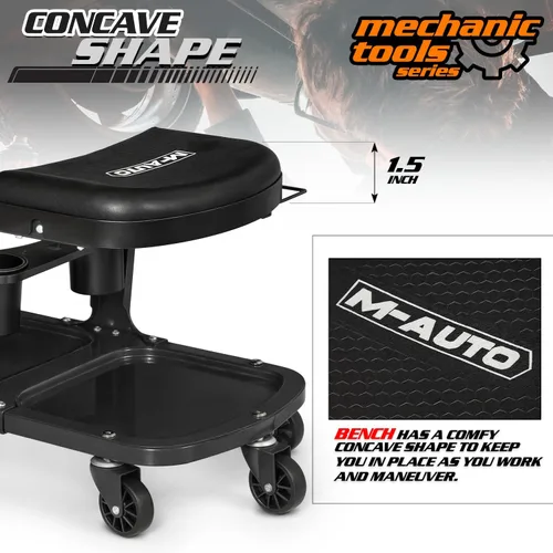 Miniatura 5 de M-AUTO Asiento de rodillo para garaje, taburete de taller mecánico resistente con bandeja para herramientas y estante para equipos, asiento