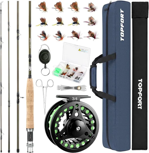 Miniatura 9 de TOPFORT Combo de caña y carrete para pesca con mosca, kit de inicio de 4 piezas, caña ultraportátil ligera de grafito, paquete completo de inicio