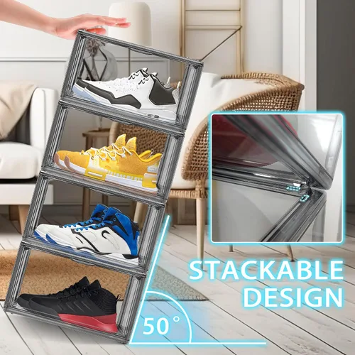 Miniatura 5 de Paquete de 2 cajas de zapatos de acrílico para armario, transparentes, apilables, tamaño 12 contenedores de almacenamiento de zapatos con tapas