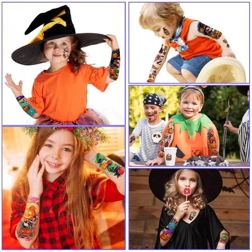 Miniatura 5 de 52 piezas de tatuajes temporales de Halloween de colores brillantes para niños, brazo completo para niñas y niños, calabaza, fantasma, castillo