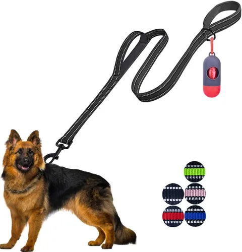 Miniatura 12 de JSXD Correa resistente de doble asa para perro, 5 pies, acolchada y reflectante, cuerda para perros pequeños a grandes (negro)