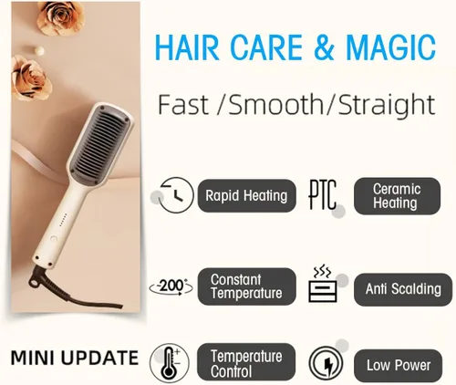 Miniatura 2 de Cepillo alisador de pelo, peine alisador de cabello, cepillo alisador de cabello, calentamiento rápido, cepillo alisador de 3 velocidades, alisador