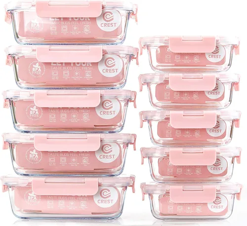 Miniatura 11 de C CREST [Paquete de 10] Contenedores de vidrio para almacenamiento de alimentos con tapas, herméticos, sin BPA, recipientes de preparación de Verde