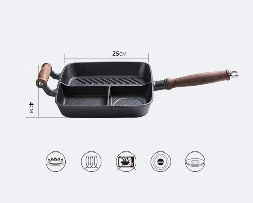 Miniatura 7 de CapriTech Sartén de hierro fundido con 3 secciones para desayuno, sartén con 2 asas de asistencia para estufa de gas y cocina de inducción
