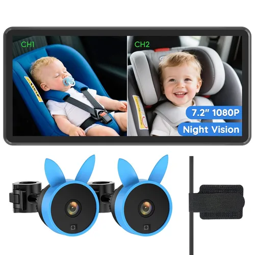 Babyvue BV3PRO Cámara Dual para Coche de Bebé para 2 Niños, Pantalla Dividida HD 1080P de 18.3 cm, Visión Nocturna IR Cristalina sin Distorsión,