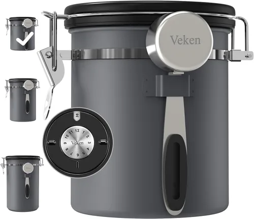 Miniatura 18 de Veken Recipiente para café, 39OZ grande, contenedor hermético de acero inoxidable para almacenamiento de alimentos para 2.2lbs de café en grano, Gris