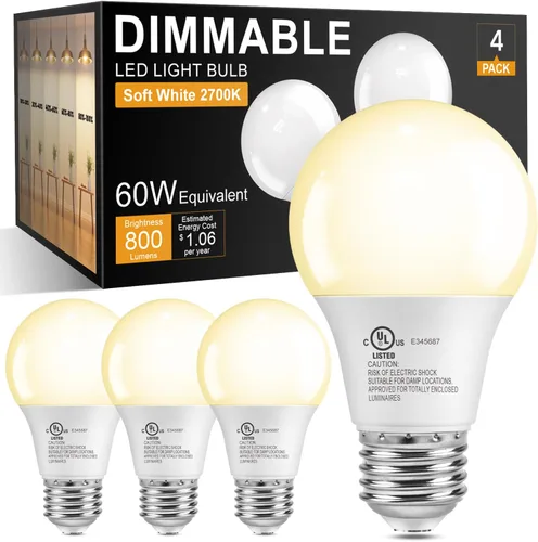 TJOY Bombillas LED regulables A19, bombillas LED E26 equivalentes a 60 vatios, blanco suave cálido 2700K, base estándar de 800 lúmenes, bombillas de