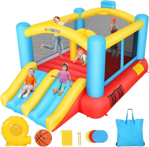 WHUBEFY Casa de rebote, casa inflable para niños con ventilador incluido, casa de juegos para interiores y exteriores, casa inflable para patio