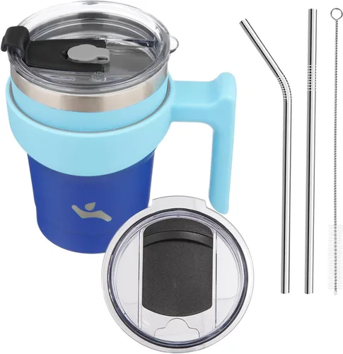 Miniatura 37 de Konokyo - Vaso de 10 onzas con asa y 2 popotes, 2 tapas, botella de agua aislada de acero inoxidable, taza de viaje reutilizable, color verde militar
