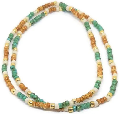 Miniatura 2 de 2-piece Picasso seed bead anklet set. 9 inch anklets made from picasso seed beads size 8/0. cream, tan, turquoise, with gold accents elastic cord
