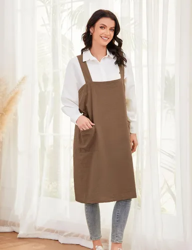 Miniatura 5 de Schine Pinafore de algodón con espalda cruzada para mujer, con bolsillos grandes, prácticos delantales para trabajos de jardinería, cocina, Marrón