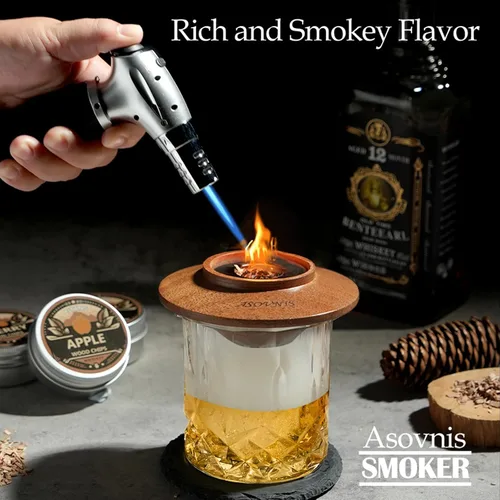 Miniatura 2 de Kit ahumador para whisky con antorcha - 6 sabores de astillas de madera, 2 vasos, 6 piedras para whisky, kit infusor para ahumar cócteles, kit Ébano