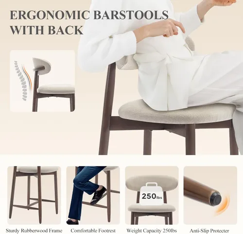 Miniatura 4 de COLAMY Taburetes de bar con respaldo, taburetes de bar de altura de mostrador, taburetes tapizados con patas de madera para cocina, isla de comedor