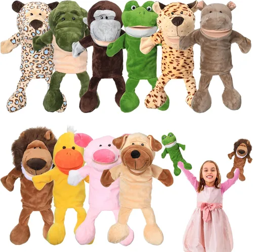 Miniatura 9 de Wettarn 10 piezas de marionetas de animales de mano de 12 pulgadas de felpa suave, diseño de león, orangután, jirafa, tigre, cerdo, elefante