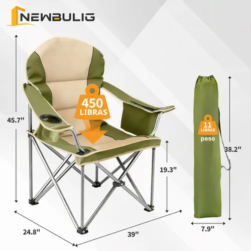Miniatura 3 de NEWBULIG Silla de campamento plegable de gran tamaño para adultos, soporte resistente de 500 libras, sillas plegables portátiles para exteriores
