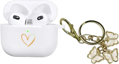 Miniatura 14 de Funda compatible con AirPods 3 2021, funda de silicona suave con patrón de corazón dorado para AirPods de 3ª generación con bonito llavero de Negro