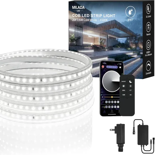 Miniatura 12 de Tira de luces LED COB de 20 pies para exteriores IP67 impermeable, 6M, CC flexible 24V, control remoto y aplicación, regulable, blanco cálido 3000