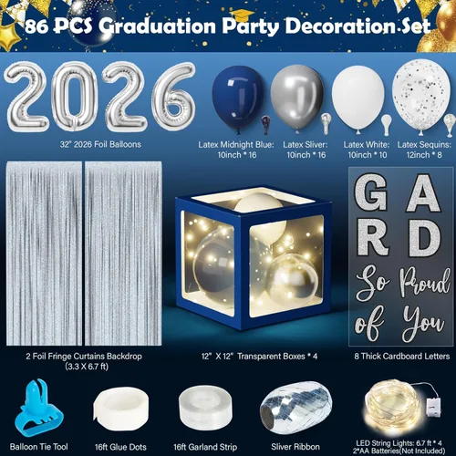 Miniatura 2 de Decoraciones de graduación 2026: juego de 86 piezas de suministros de decoración para fiesta de graduación, incluye cuerdas de luz LED, cajas