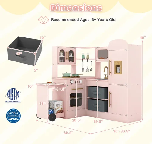 Miniatura 8 de Costzon Cocina de Juego de Esquina, Pequeño Chef Cocina de Juego de Simulación con Luz y Sonido Reales, Carrito Extraíble, Contenedores de Tela