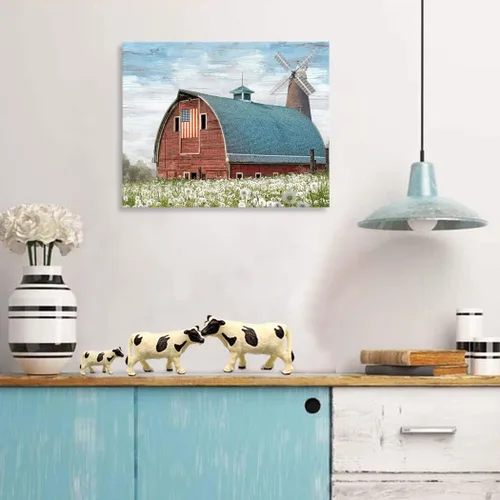 Miniatura 2 de Woxfcart Lienzo rústico de granero rojo para pared, obra de arte de granja con bandera estadounidense y molino de viento para decoración de pared
