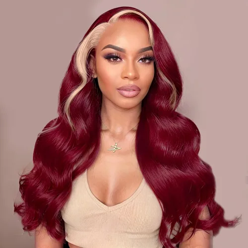 HANASCC Pelucas de cabello humano con encaje frontal 99J color borgoña de 28 pulgadas, densidad del 250 %, 13 x 6, HD 613, pelucas de cabello humano