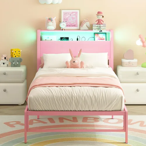 Miniatura 3 de Weehom Estructuras de Cama Individual con Estantes de Almacenamiento de Madera de 2 Niveles en el Cabecero, Cama Tamaño Individual con Estaciones