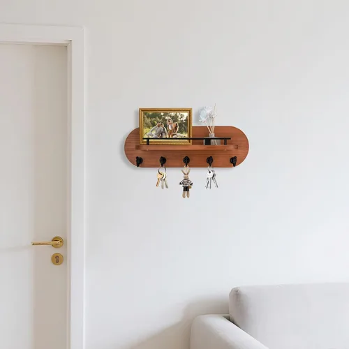 Miniatura 6 de SANY DAYO HOME Soporte para Llaves de Pared de Madera Marrón con Perchero de Entrada con 5 Ganchos Dorados, Barandilla de Estante de Metal