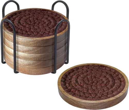 Miniatura 20 de Eykao Paquete de 5 posavasos absorbentes para bebidas, posavasos tejidos de 4.3 pulgadas para mesas de café, posavasos de madera para protección