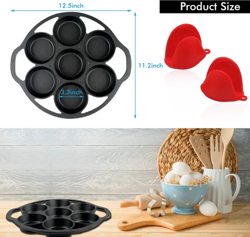 Miniatura 2 de YOLOPLUS+ Molde para magdalenas de hierro fundido pre-sazonado con guantes resistentes al calor, 11.2 pulgadas, 7 tazas de bandeja para galletas