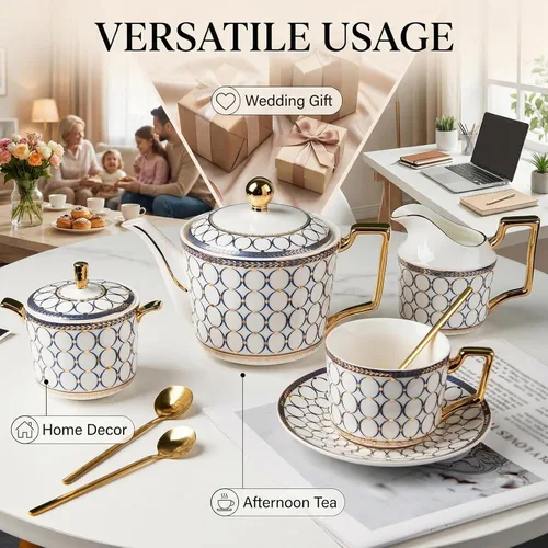 Miniatura 6 de Juego de 15 piezas de servicio de té de porcelana para 4, juegos de té y café de porcelana de hueso, juego de tazas de té con tetera, azucarera