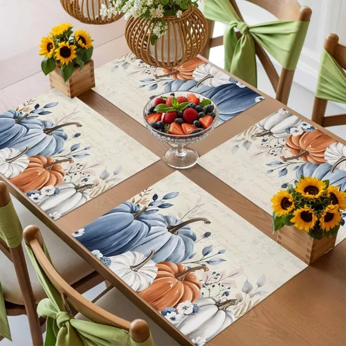 Miniatura 6 de Juego de 4 manteles individuales de otoño con diseño de calabaza azul, hojas florales, manteles individuales de otoño, lavables, cosecha, Acción