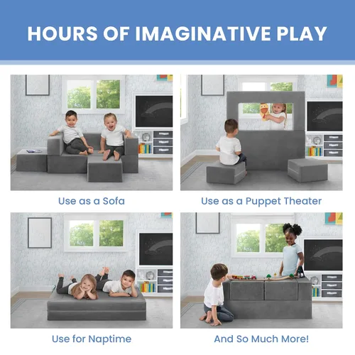 Miniatura 2 de Delta Children Sofá convertible y juego para niños y niños pequeños, sofá modular de espuma y tumbona abatible con 2 otomanas, color gris