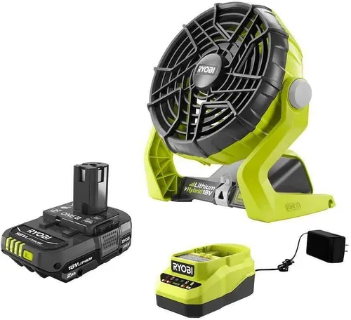 Ryobi Ventilador portátil híbrido ONE+ de 18 voltios (P3320) con batería de iones de litio P163 (2.00Ah) y cargador