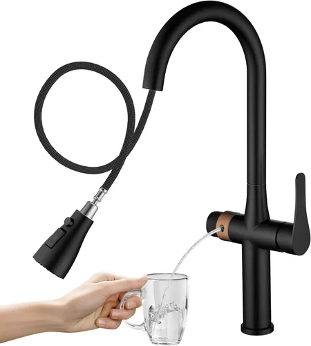 APPASO Grifo de cocina negro con filtro de agua, mangueras certificadas por cUPC, grifos de fregadero de 3 vías con rociador extraíble, 3 modos,
