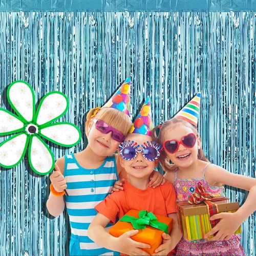 Miniatura 6 de Paquete de 4 cortinas de flecos de papel de aluminio azul claro, 3.28 pies x 8.2 pies, cortinas metálicas de oropel para fiestas, accesorios