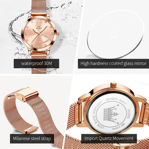 Miniatura 5 de OLEVS Relojes para mujer, correa de malla de oro rosa, vestido de moda, cuarzo japonés, impermeable, luminoso, para mujer, conjunto de pulseras