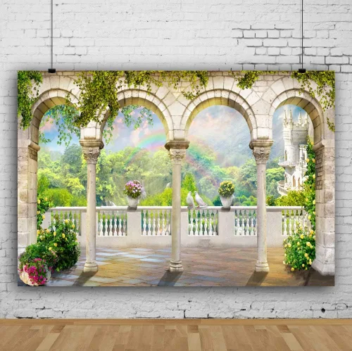 Miniatura 2 de Telón de fondo de fotografía de paisaje de 5 x 3 pies para jardín, puerta arqueada, boda, Birdal, fiesta temática comprometida, telón de fondo