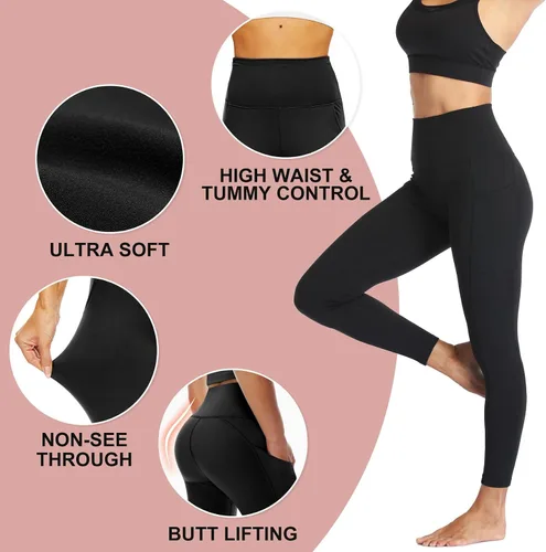 Miniatura 87 de NexiEpoch - Paquete de 4 leggings suaves para mujer, con bolsillos, control de abdomen y cintura alta, pantalones capri para yoga y ejercicio