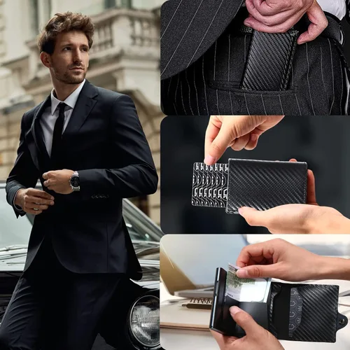 Miniatura 8 de Gemonklee Billetera emergente, soporte de aluminio para tarjetas de crédito con soporte para AirTag con cremallera RFID, cartera con clip
