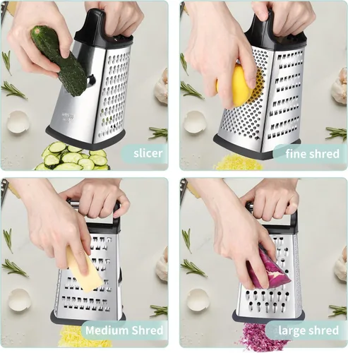 Miniatura 3 de Kaishun Rallador profesional de queso, rallador de caja de acero inoxidable de 4 caras, triturador de alimentos para queso, parmesano, verduras