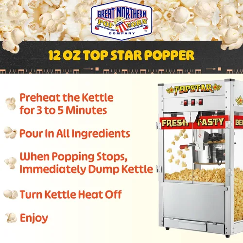 Miniatura 4 de Máquina de Palomitas Top Star - Hervidor de Acero Inoxidable de 12 oz, Bandeja para Granos Rechazados, Luz de Calentamiento y Accesorios de Great