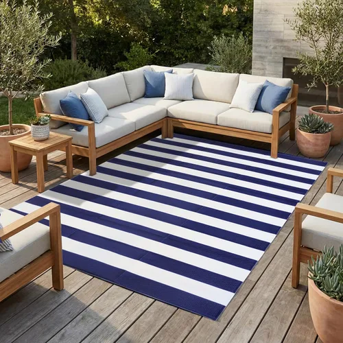 FH Home - Alfombra para exteriores de camping, impermeable, resistente a la decoloración, reversible, plástico reciclado de alta calidad, a rayas,