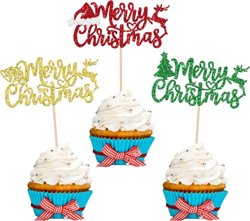 Miniatura 23 de Paquete de 24 Adornos para Cupcakes de Feliz Navidad, Adornos para Cupcakes para Revelación de Género, Adornos para Cupcakes de Árbol de Navidad, 5
