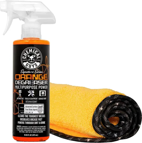 Chemical Guys Orange Degreaser 16 oz - Paquete de 3 toallas de microfibra de grado profesional - Kit de limpieza resistente para motores, ruedas,