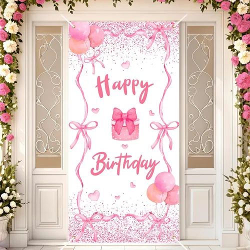 Cartel de puerta de cumpleaños con lazo rosa para decoración de fiesta de cumpleaños con lazo rosa, cubierta de puerta de cumpleaños, pancarta de