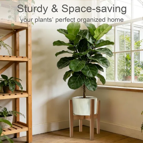 Miniatura 7 de Soporte de bambú natural para interiores, estante ajustable para plantas de interior que se adapta a macetas de 8 a 12 pulgadas, decoración moderna
