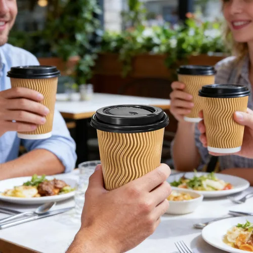 Miniatura 7 de Lamosi Tazas de café desechables de 8 onzas con tapas, paquete de 50 tazas de papel con aislamiento para llevar, con tapas y popotes, taza de pared