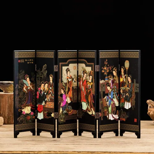 Miniatura 2 de Mini arte chino tradicional de 9.5 pulgadas de alto, 6 paneles para decoración del hogar, laca, oriental, mini divisor (damas)